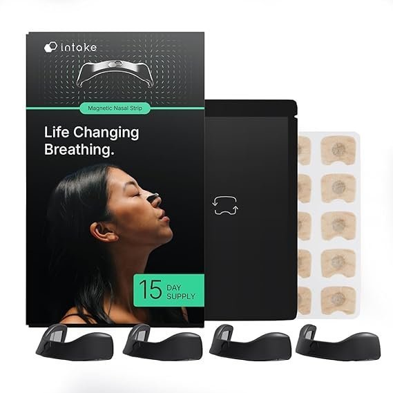 61wGwlVqUkL._AC_SX569_.jpg Intake Breathing — Magnetic Nasal Strips Starter Kit | Reusable Band + Tabs | Nasal Strips for Sleep, Snoring, Breathing & Sports | Stronger Lift Than Traditional Nose Strips | 4 Sizes, 15 Tabs, Black - Image 1