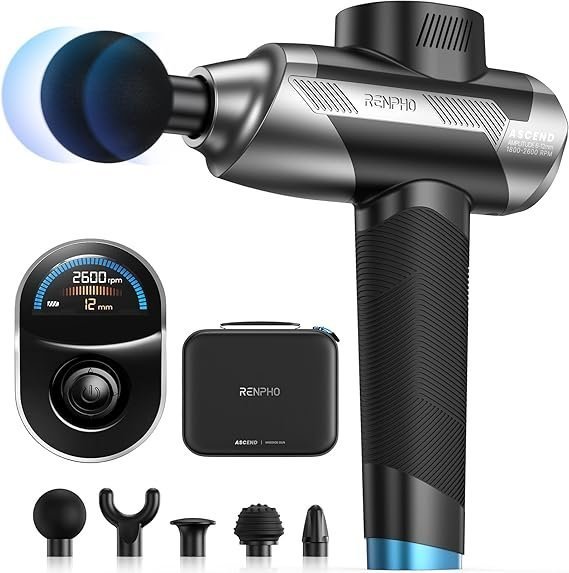 71gxUElKmL._AC_SX569_.jpg RENPHO Ascend Professional Massage Gun, Mothers Day Gifts, FSA Eligible HSA, Adjustable 6-12mm Amplitude for Customized Intensity, Deep Tissue Percussion Massager with 5 Speeds, 5 Attachments - Image 1