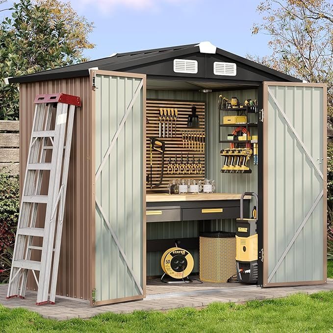 810ORxotJ3L._AC_SX679_.jpg Aoxun 6.2×4 FT Shed Outdoor Storage Shed with Lockable Doors & Slooping Roof Metal Garden Tool Shed for Backyard, Patio, Poolside (Brown) - Image 1