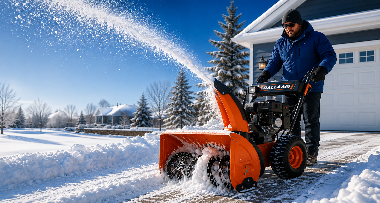 EZoneDrive snow blower clearing a snowy driveway